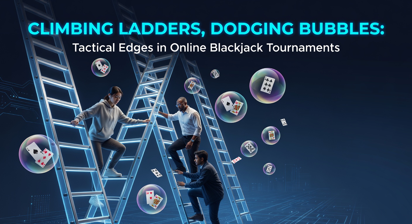 Spieler vor einem digitalen Leaderboard in einem Online-Blackjack-Turnier, das Leitern und taktische Positionen symbolisiert
