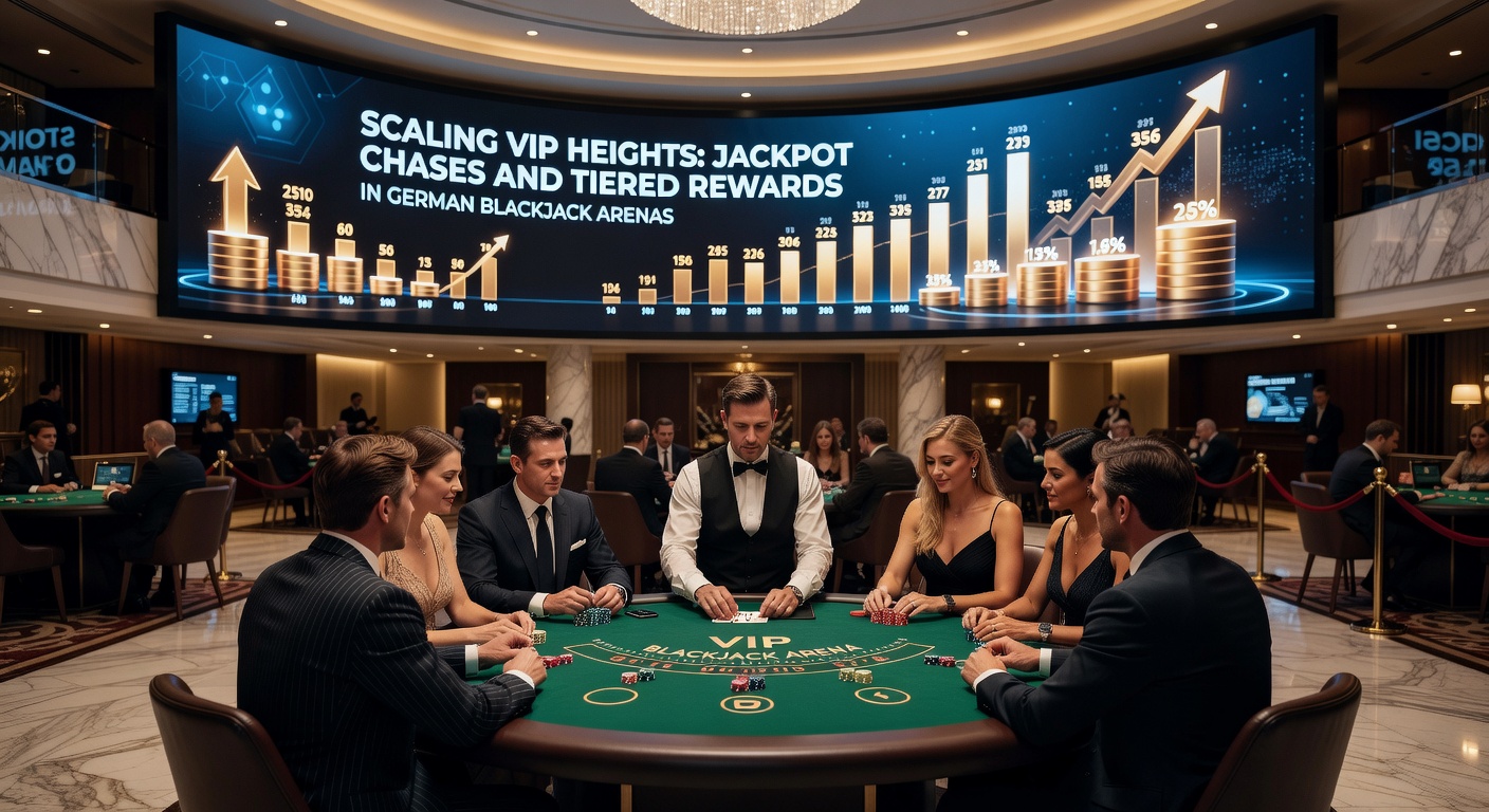 Ein dynamisches Blackjack-Tisch-Setup mit leuchtenden VIP-Symbolen und steigenden Jackpot-Zählern in einer modernen deutschen Online-Arena