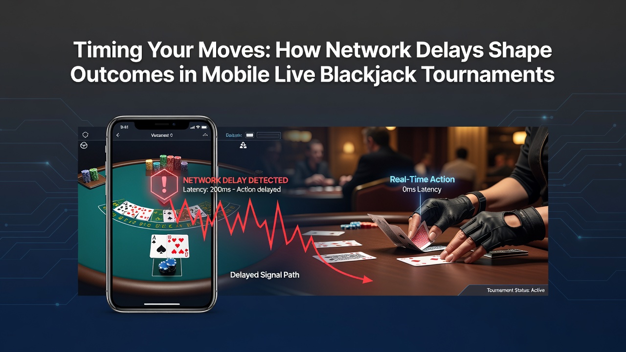 Illustration showing network latency effects on mobile blackjack tournament screens with timing indicators