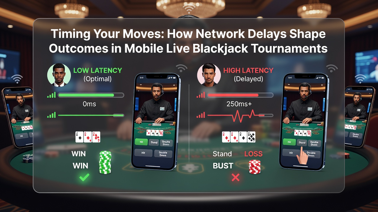 Mobile device displaying blackjack table with latency graph overlay during tournament play